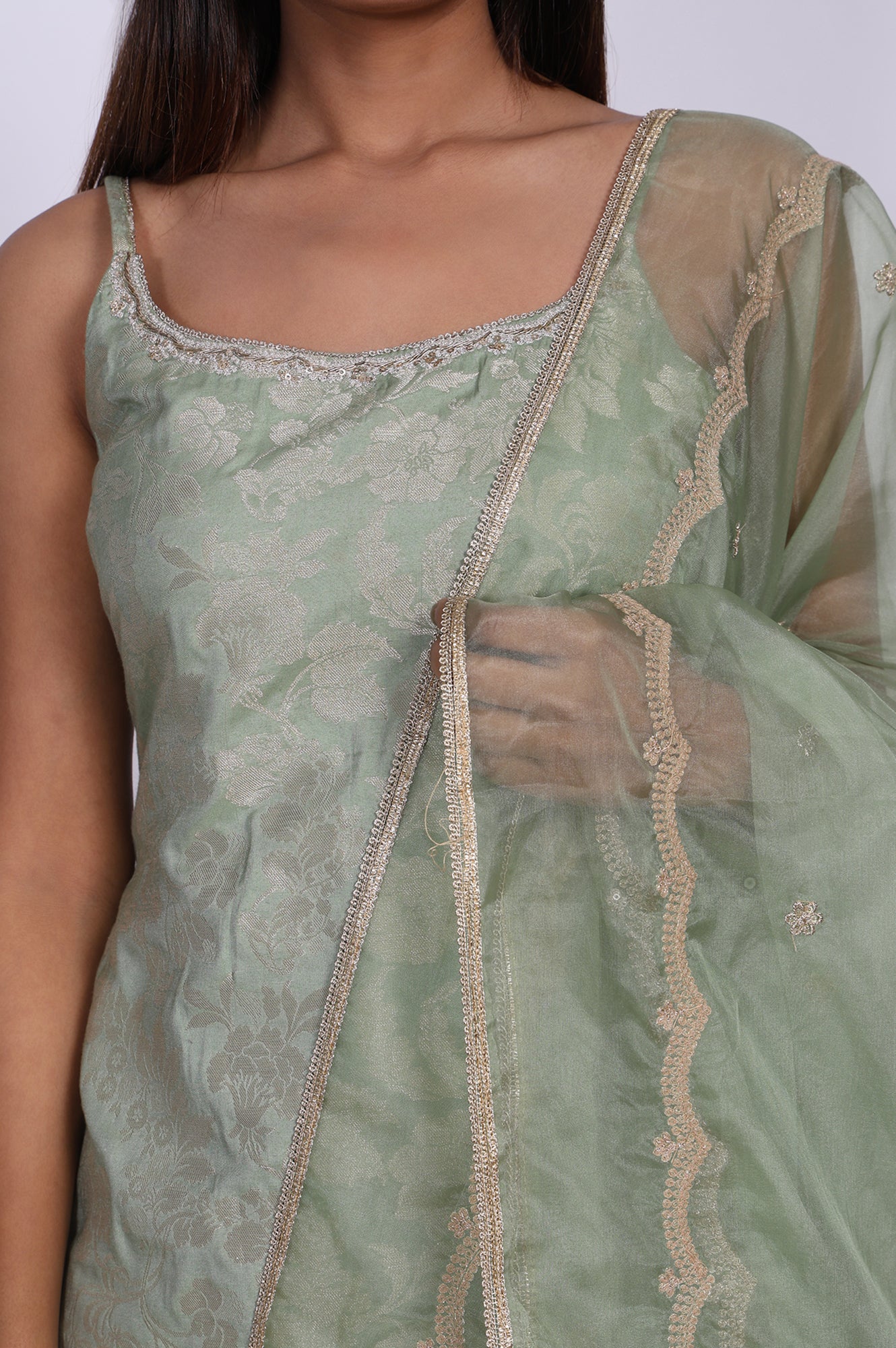 Green Jacquard Zari Straight Kurta with Sharara and Dupatta