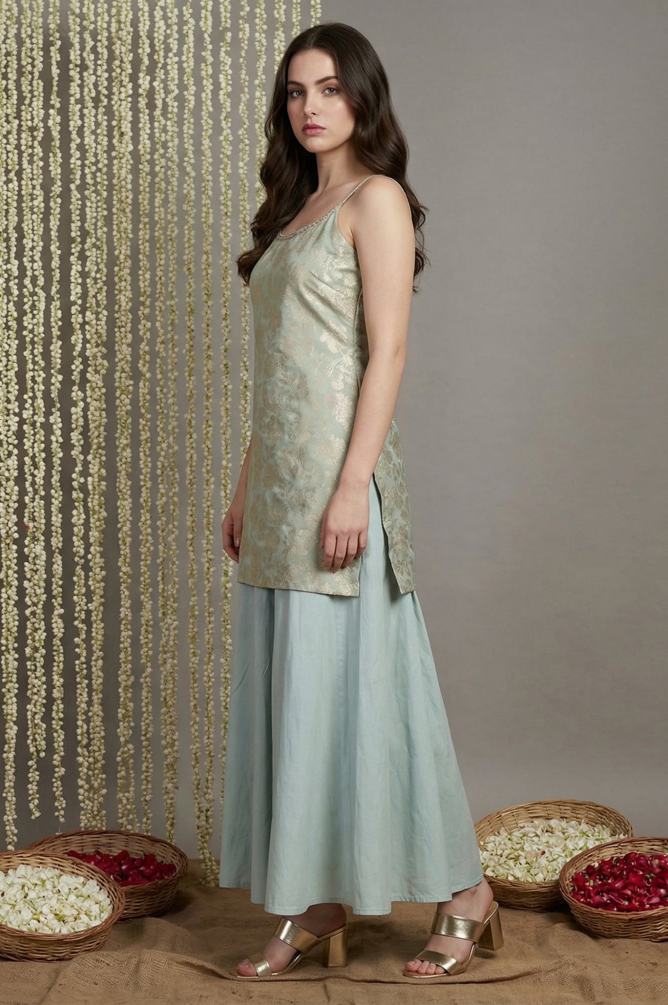 Green Jacquard Zari Straight Kurta with Sharara and Dupatta