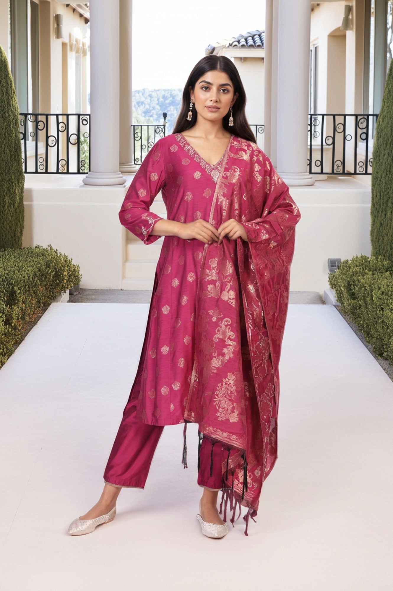 Magenta Embroidered Jacquard A-Line Kurta with Straight Pant and Dupatta Set