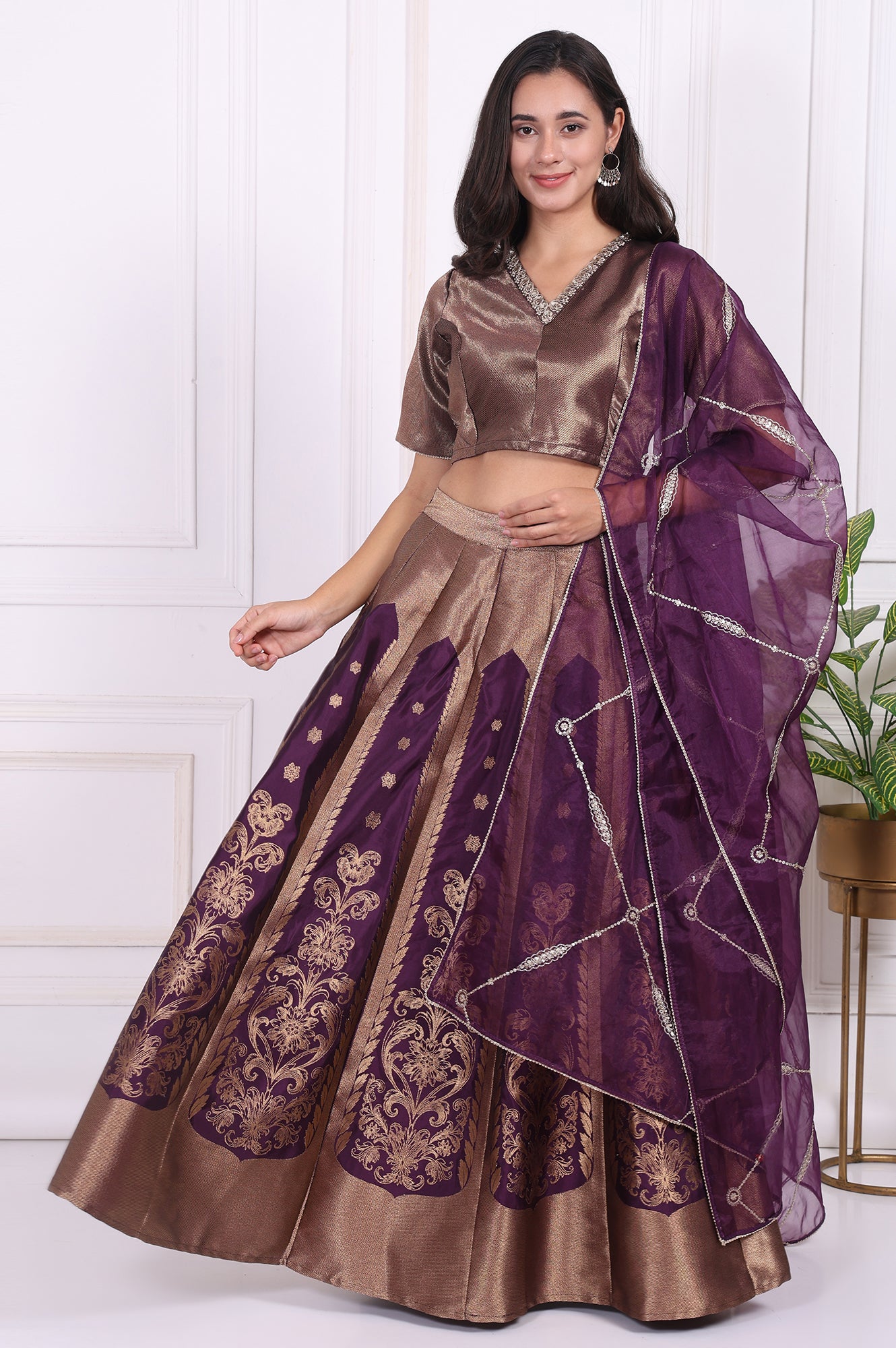 Purple Embellished Jacquard Straight Crop Top, Skirt and Dupatta Set