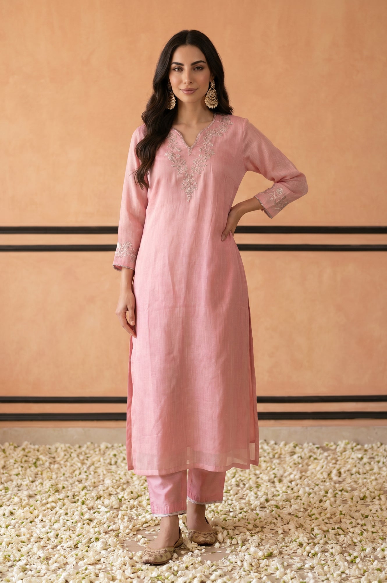 Pink Zari Embroidered Linen Blend Straight Kurta