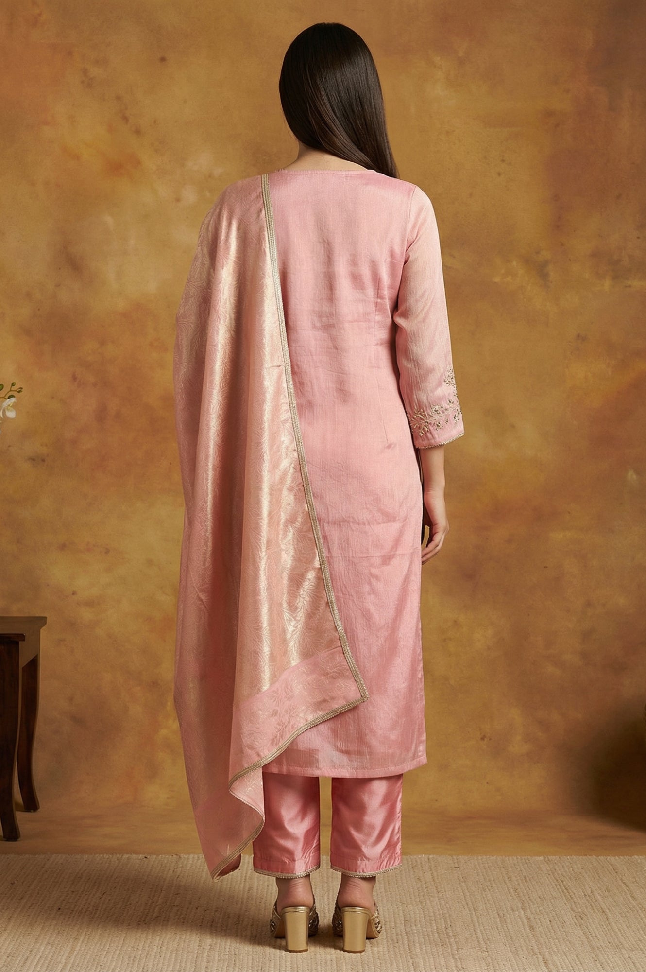 Pink Floral Tissue Straight Kurta with Straight Pant and Dupatta Set