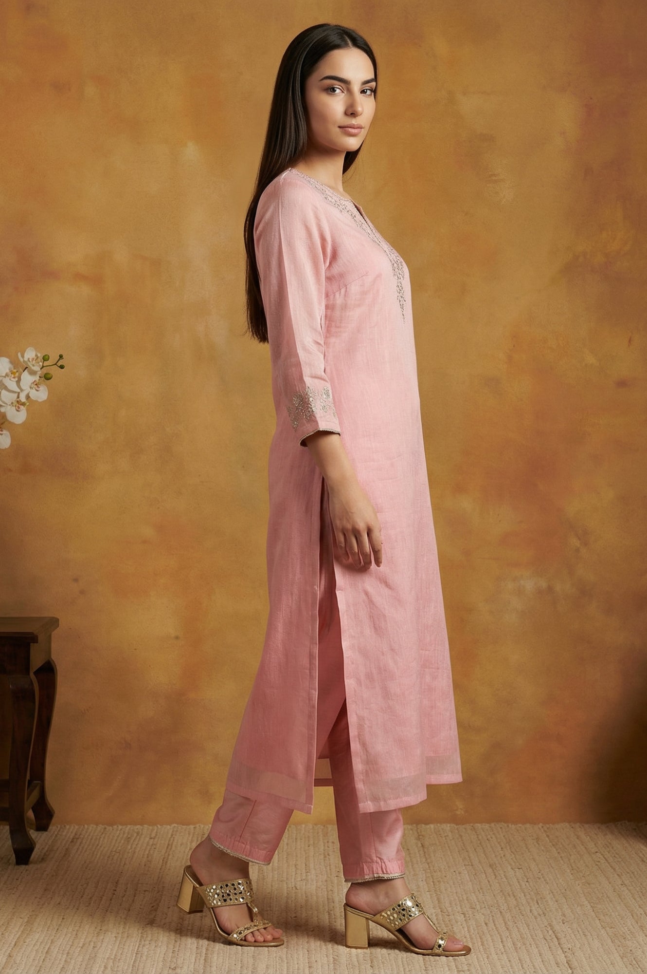 Pink Floral Tissue Straight Kurta with Straight Pant and Dupatta Set