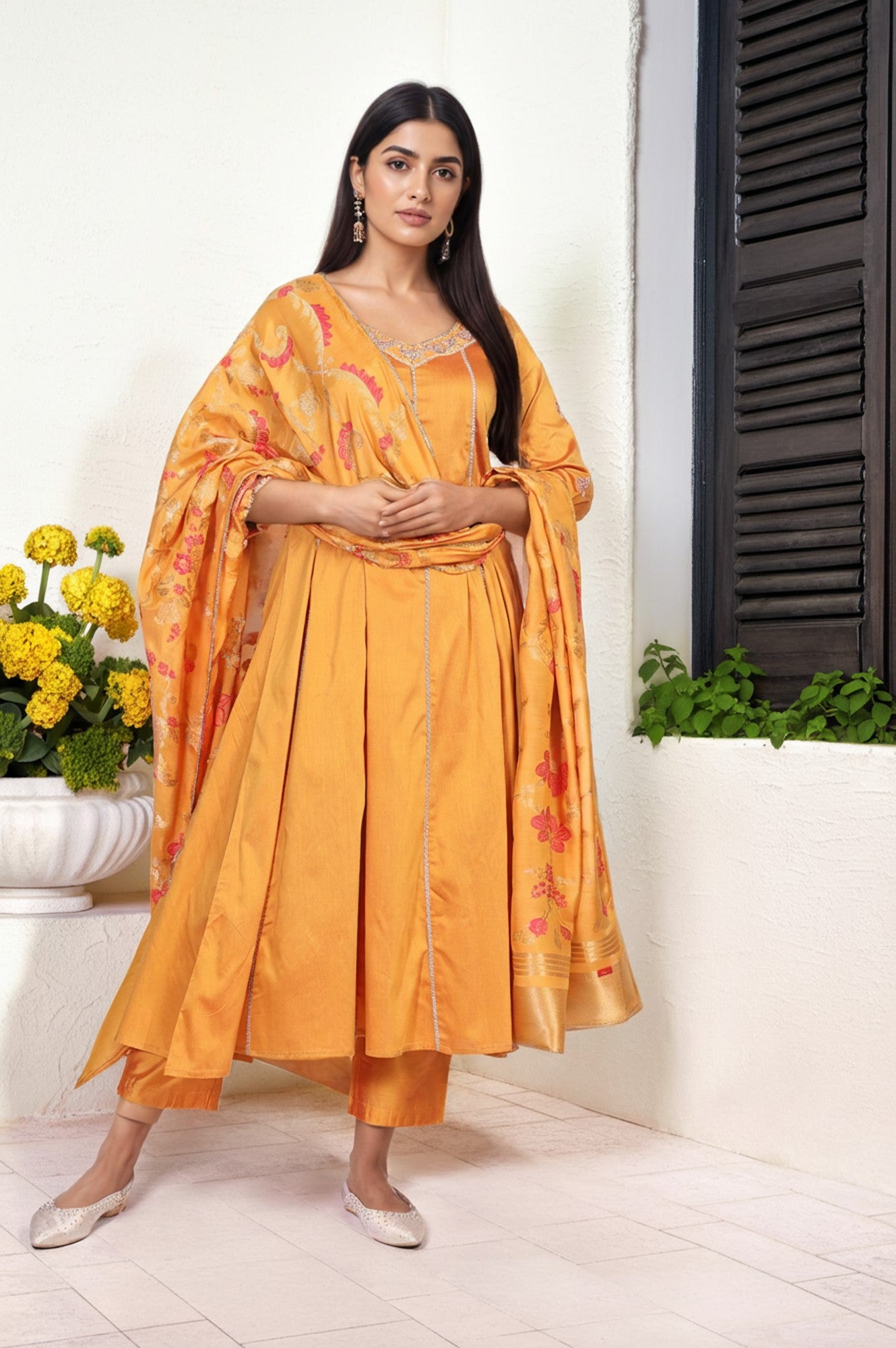 Yellow Embroidered Anarkali Jacquard Kurta with Straight Pant and Dupatta Set