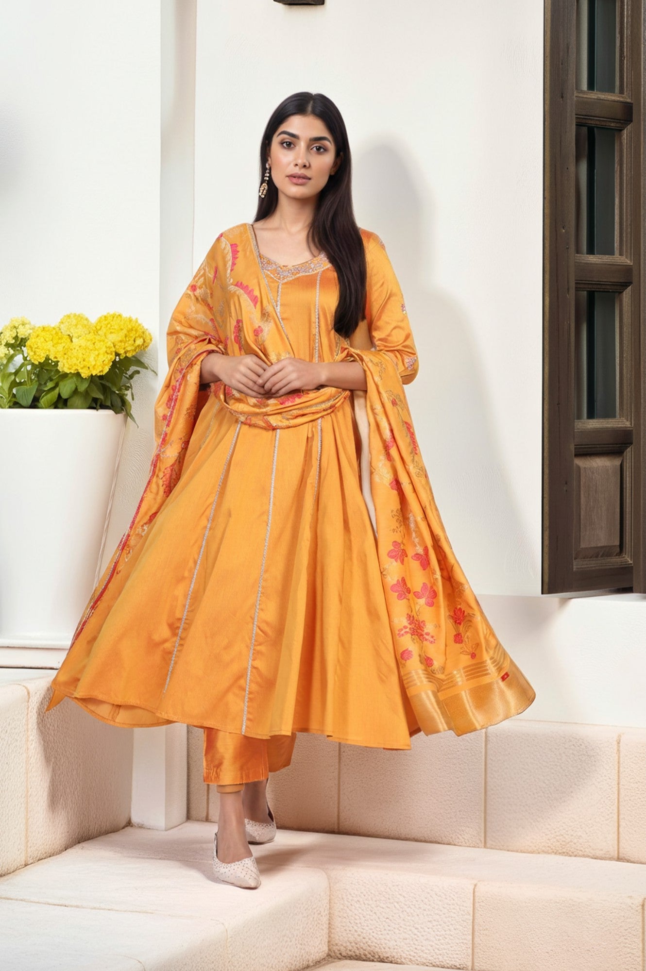 Yellow Embroidered Anarkali Jacquard Kurta with Straight Pant and Dupatta Set