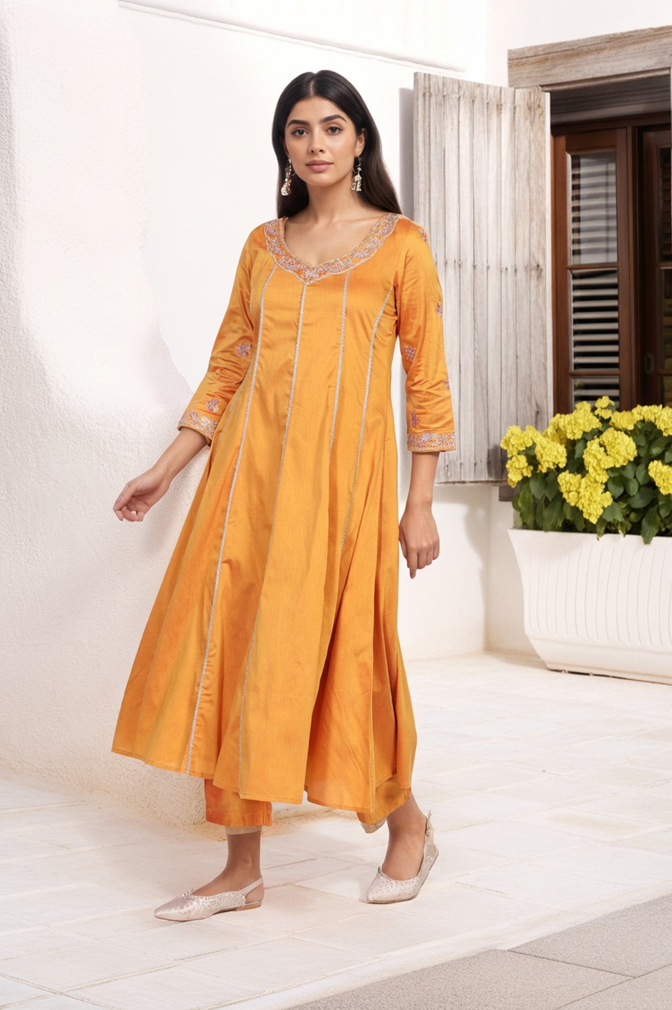 Yellow Embroidered Anarkali Jacquard Kurta with Straight Pant and Dupatta Set