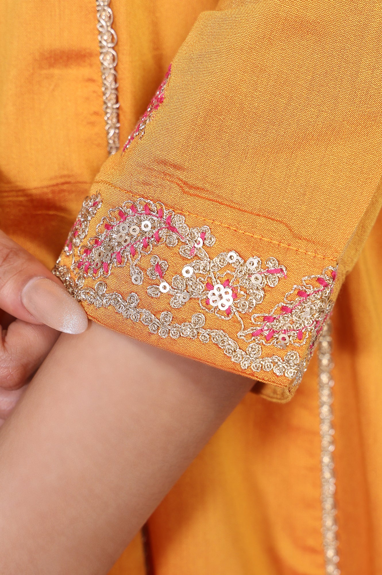 Yellow Embroidered Anarkali Jacquard Kurta with Straight Pant and Dupatta Set