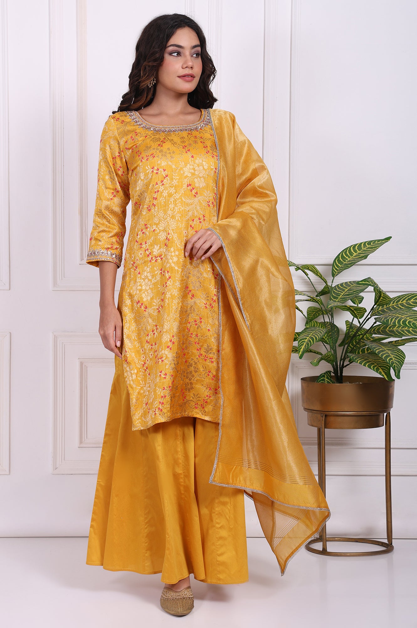 Yellow Embroidered Straight Jacquard Kurta with Sharara and Dupatta Set