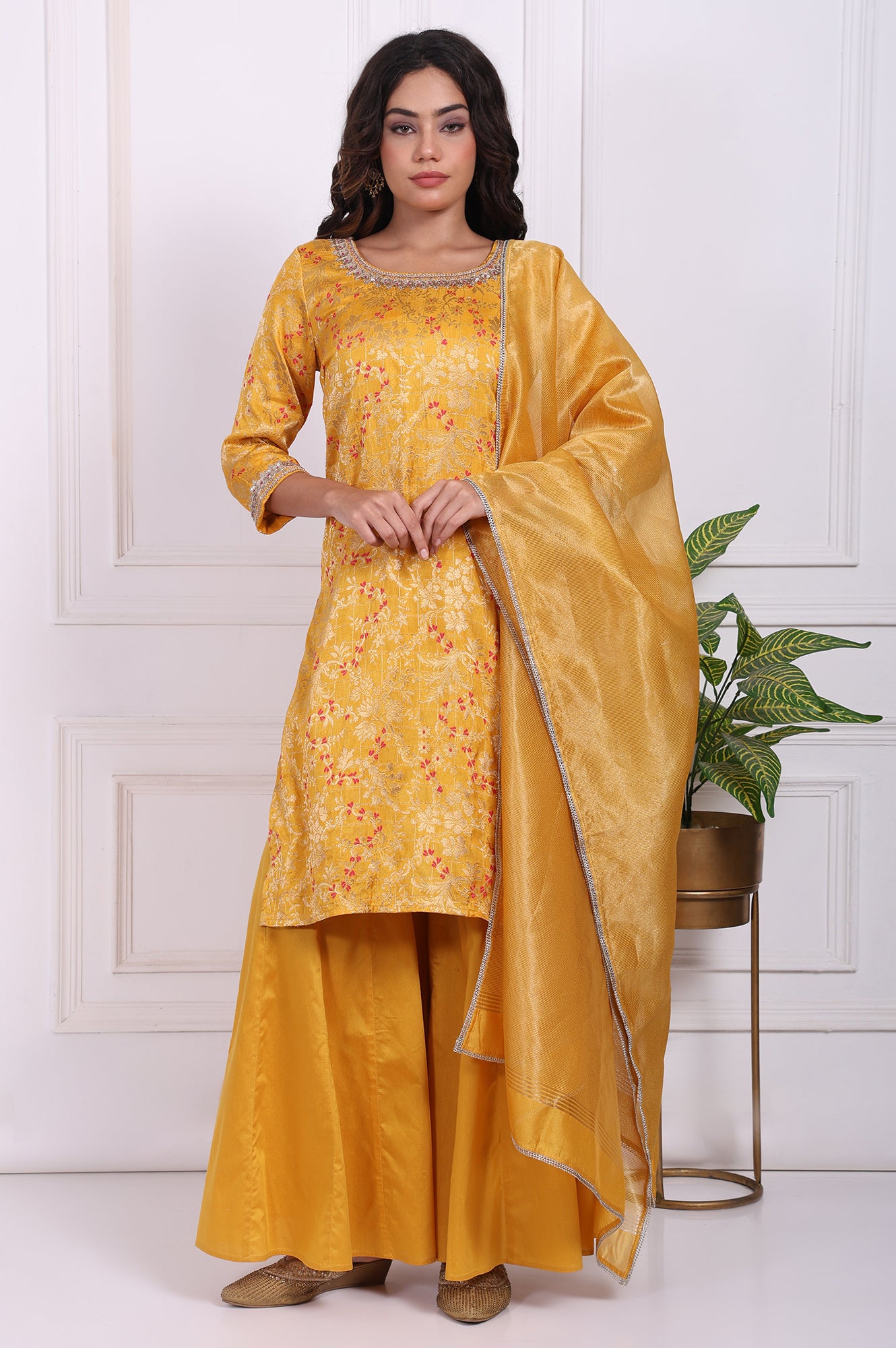 Yellow Embroidered Straight Jacquard Kurta with Sharara and Dupatta Set