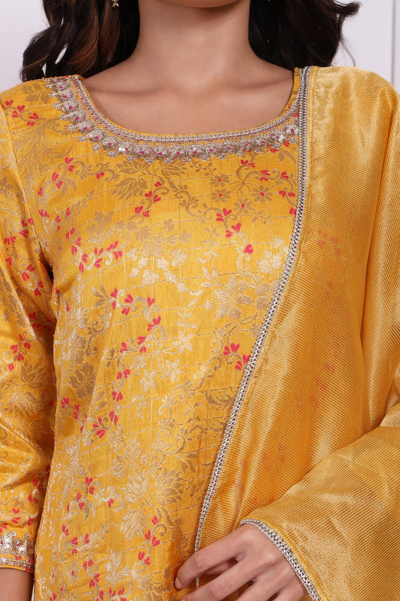Yellow Embroidered Straight Jacquard Kurta with Sharara and Dupatta Set