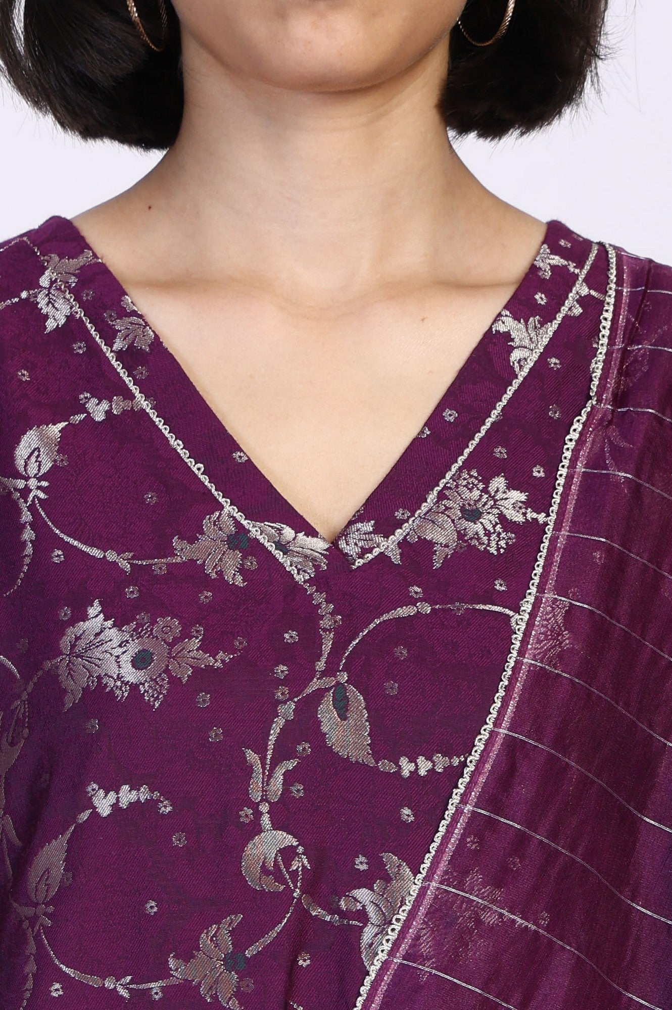 Purple Floral Print Tape A-Line Jacquard Kurta with Straight Pant and Dupatta Set