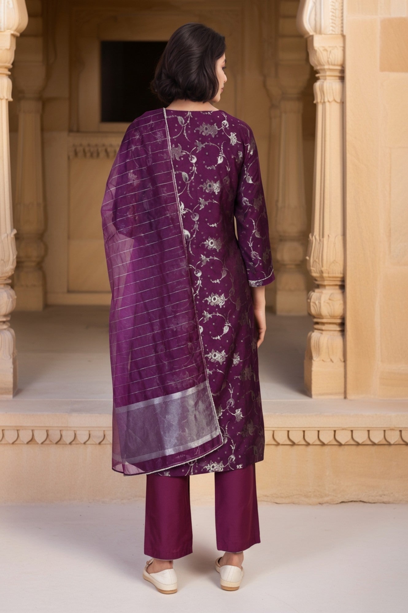 Purple Floral Print Tape A-Line Jacquard Kurta with Straight Pant and Dupatta Set