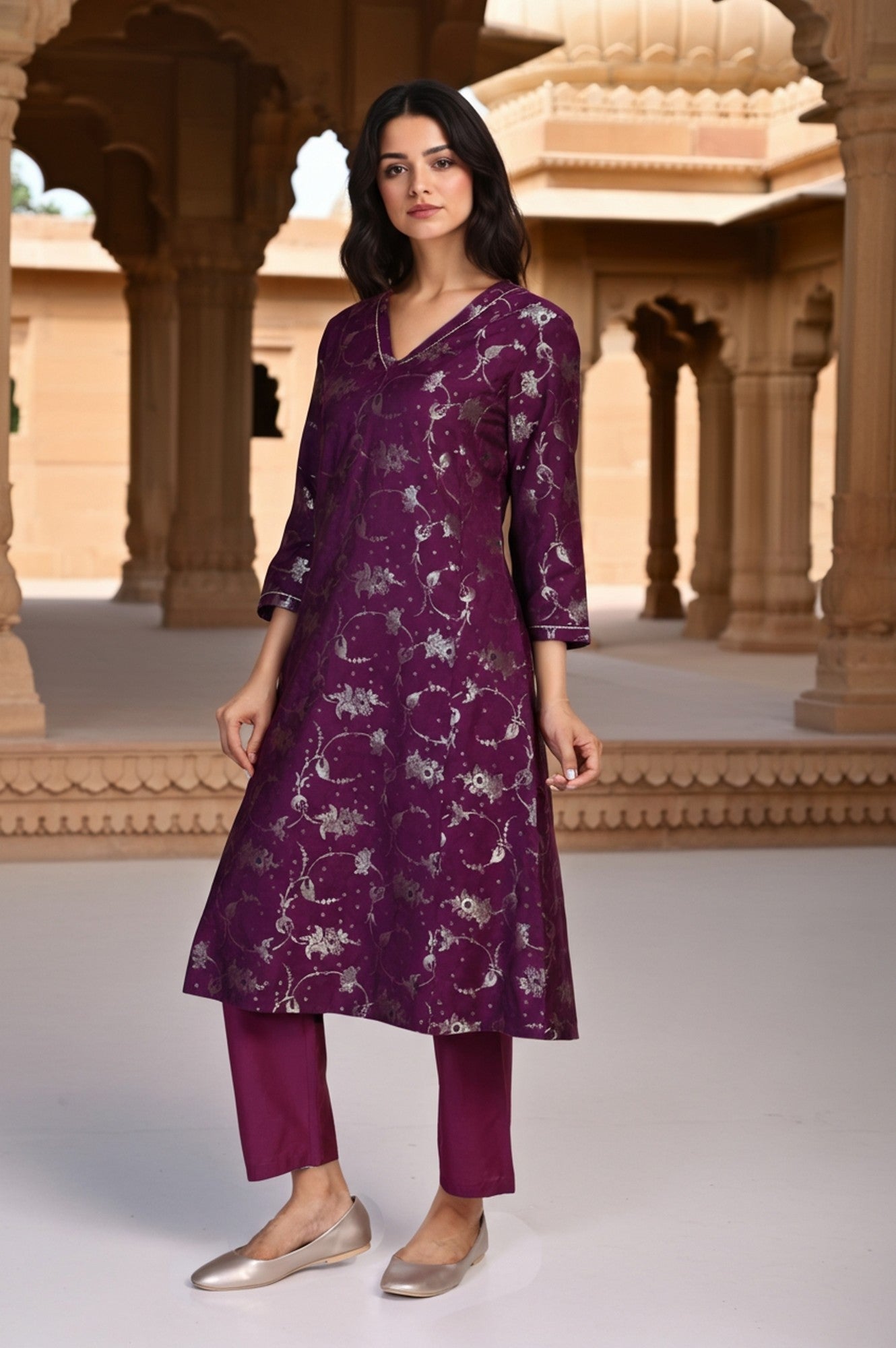 Purple Floral Print Tape A-Line Jacquard Kurta with Straight Pant and Dupatta Set