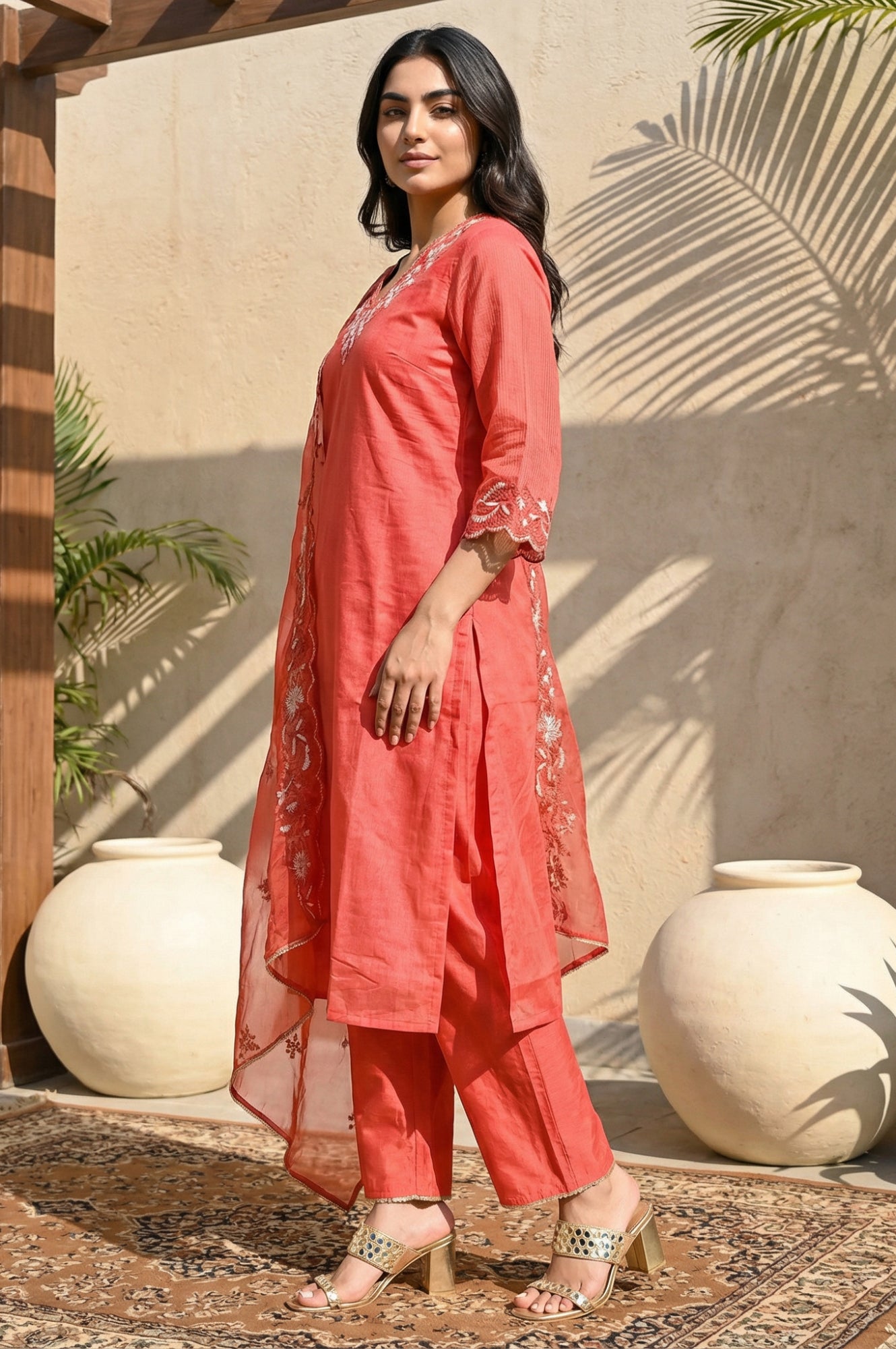 Red Embroidered Straight Kurta with Pants and Dupatta Set