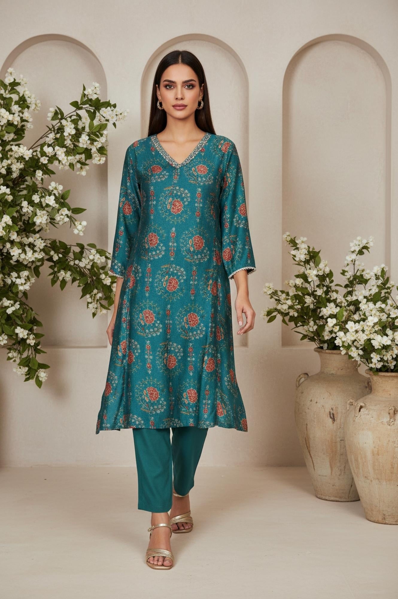 Teal Floral Printed Embellished A-Line Art Silk Kurta with Straight Pant Set