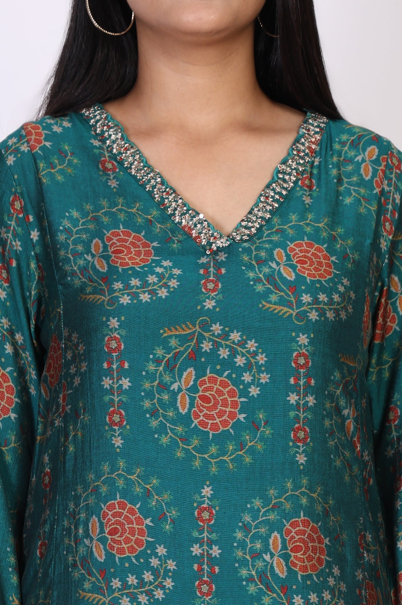 Teal Floral Printed Embellished A-Line Art Silk Kurta with Straight Pant Set