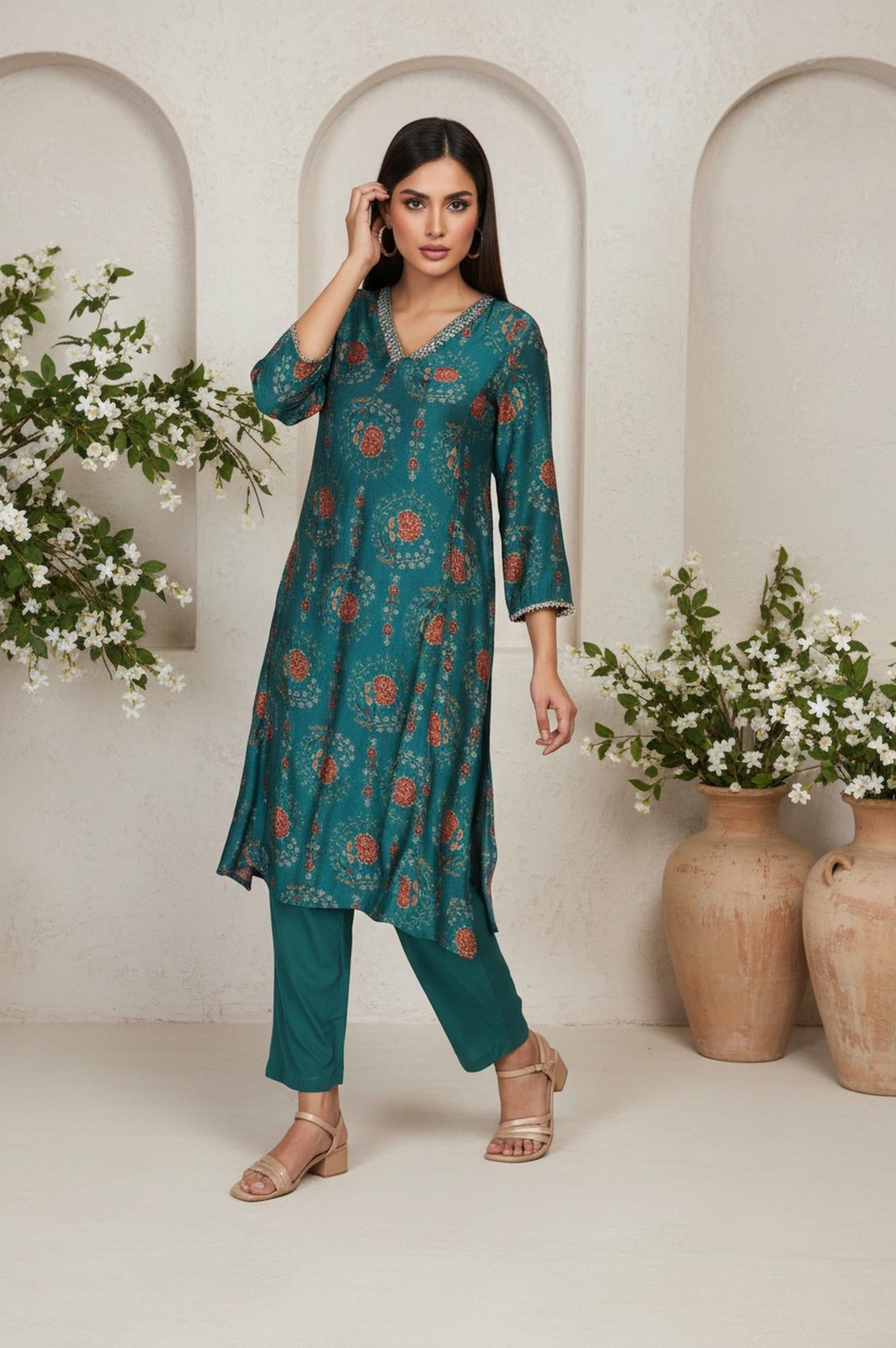 Teal Floral Printed Embellished A-Line Art Silk Kurta with Straight Pant Set