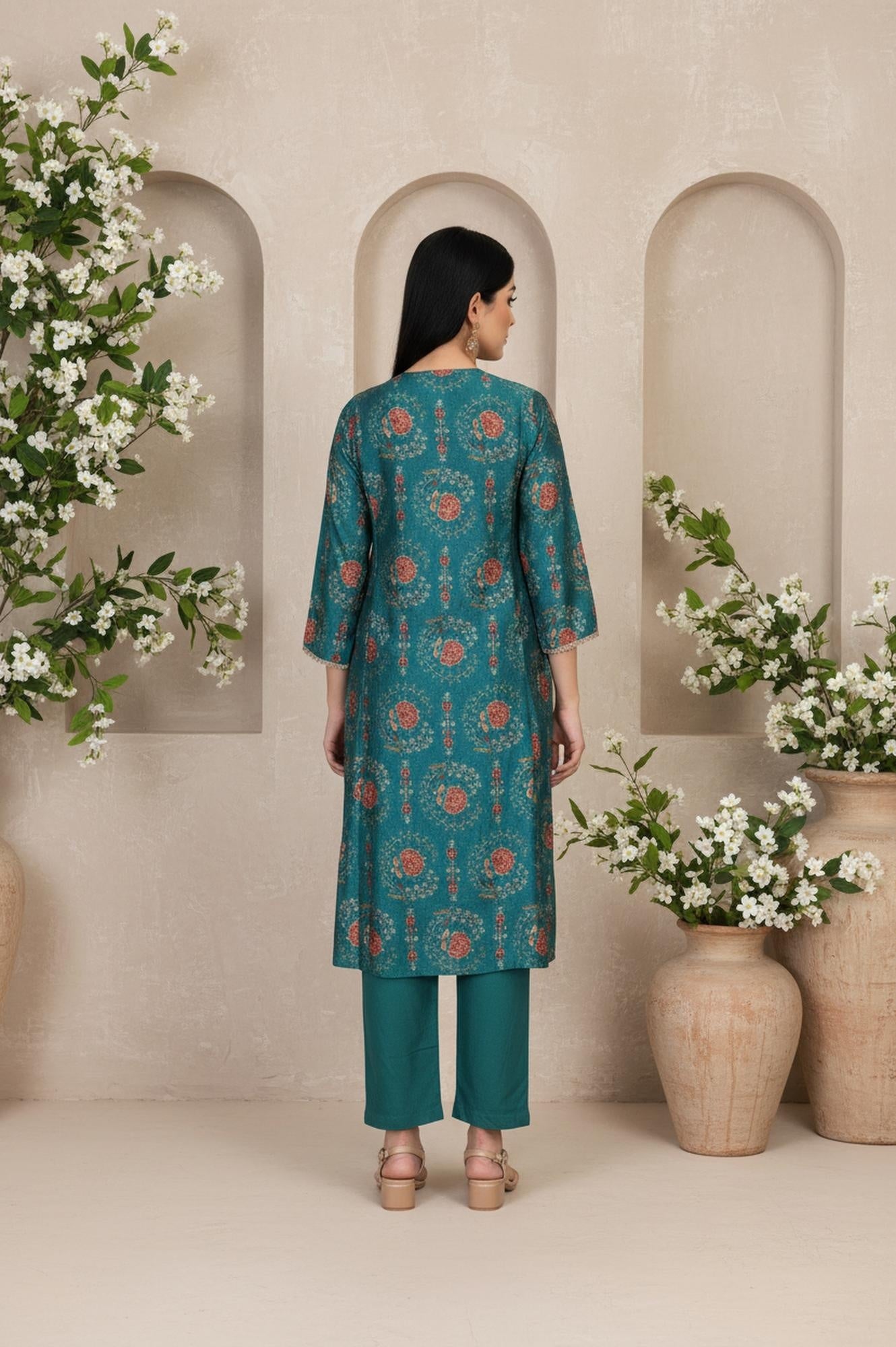 Teal Floral Printed Embellished A-Line Art Silk Kurta with Straight Pant Set