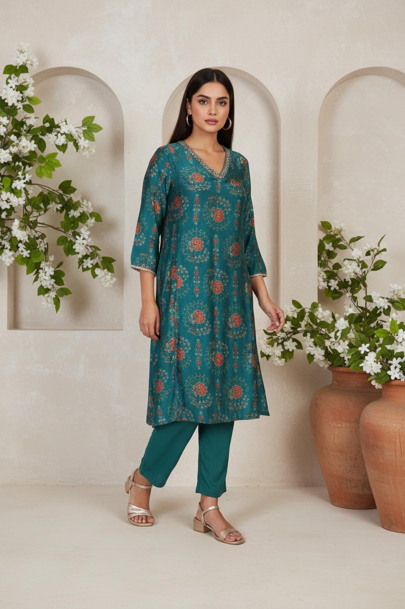 Teal Floral Printed Embellished A-Line Art Silk Kurta with Straight Pant Set