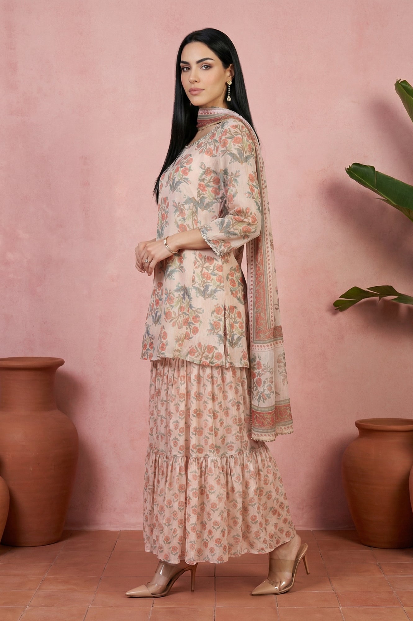 Beige Floral Printed Lace Straight Kurta with Sharara and Dupatta Set