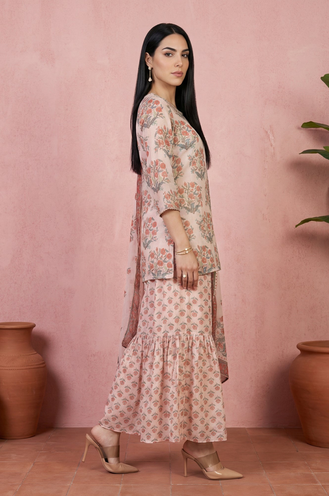Beige Floral Printed Lace Straight Kurta with Sharara and Dupatta Set