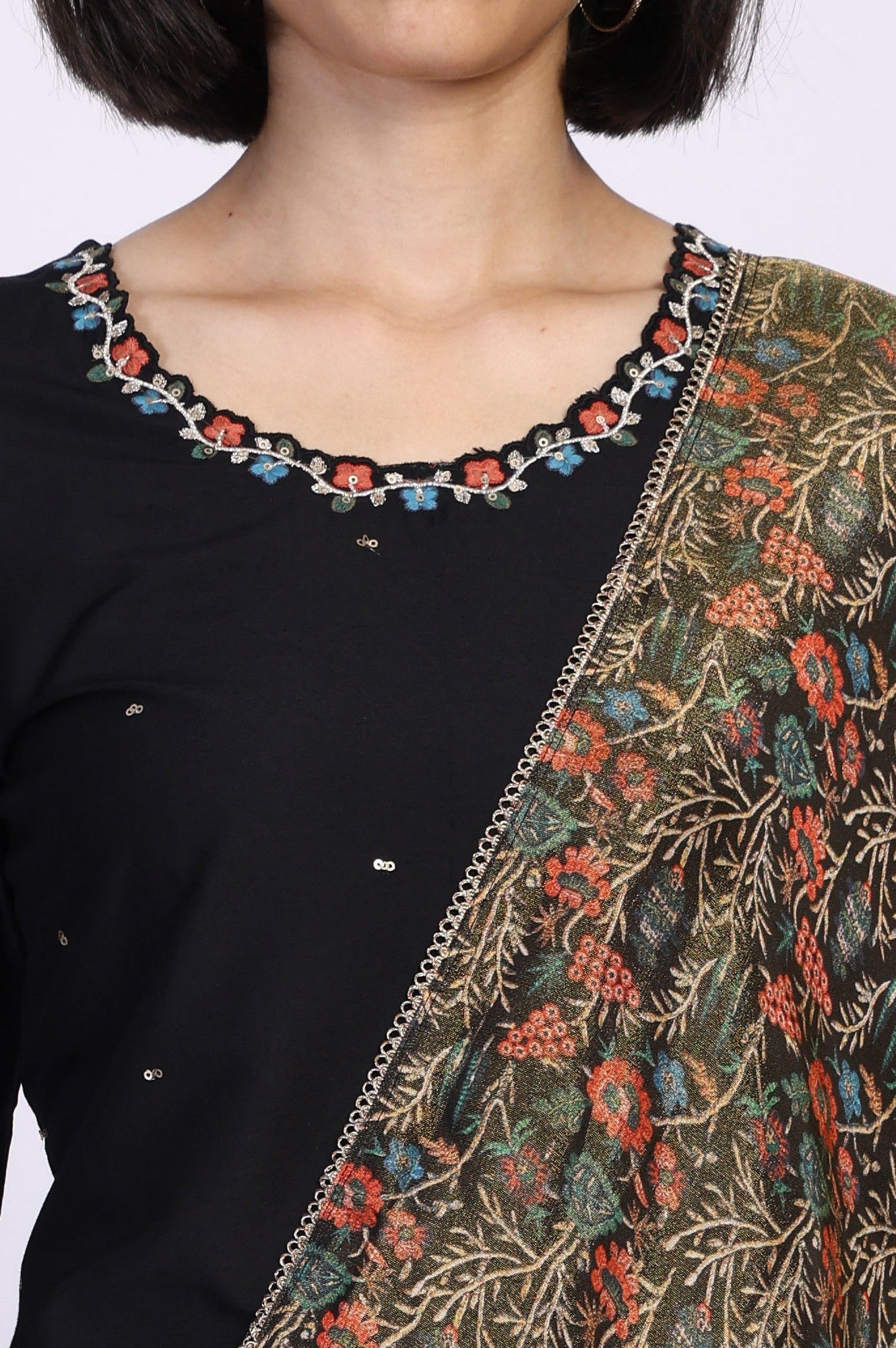 Black Floral Thread Embroidery Straight Woven Kurta with Flared Pant and Dupatta Set