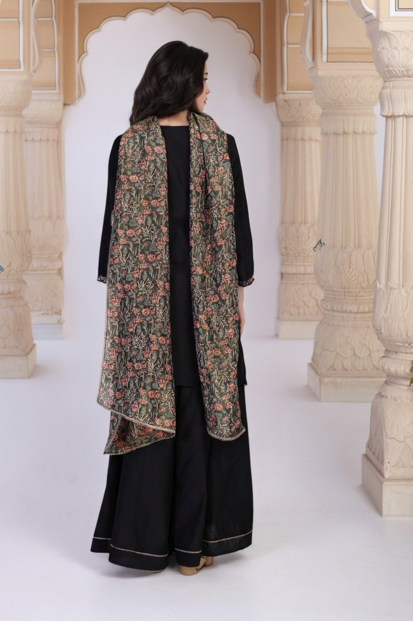 Black Floral Thread Embroidery Straight Woven Kurta with Flared Pant and Dupatta Set