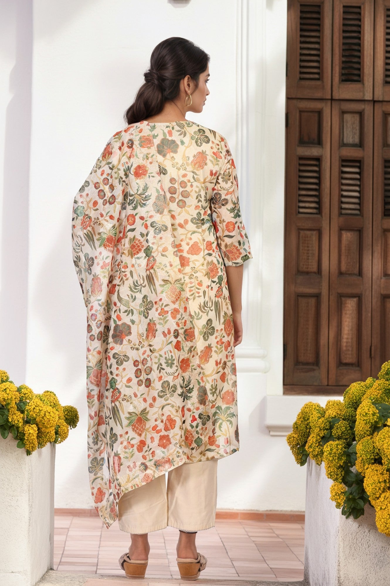 Off-White Floral Printed Straight Tissue Kurta with Straight Pant and Dupatta Set