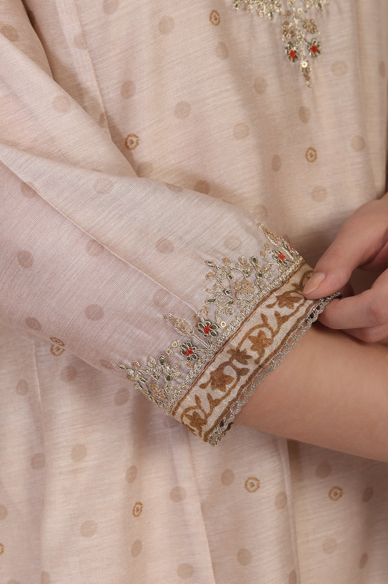 Beige Embroidered A-Line Chanderi Kurta with Straight Pant and Dupatta Set