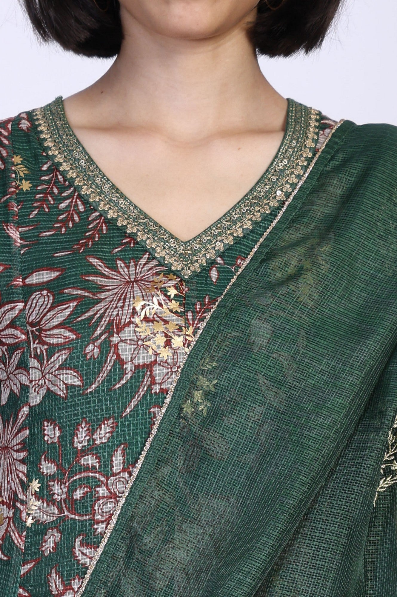 Green Floral Print Metallic Embroidered Flared Kota Doria Kurta with Pant and Dupatta Set