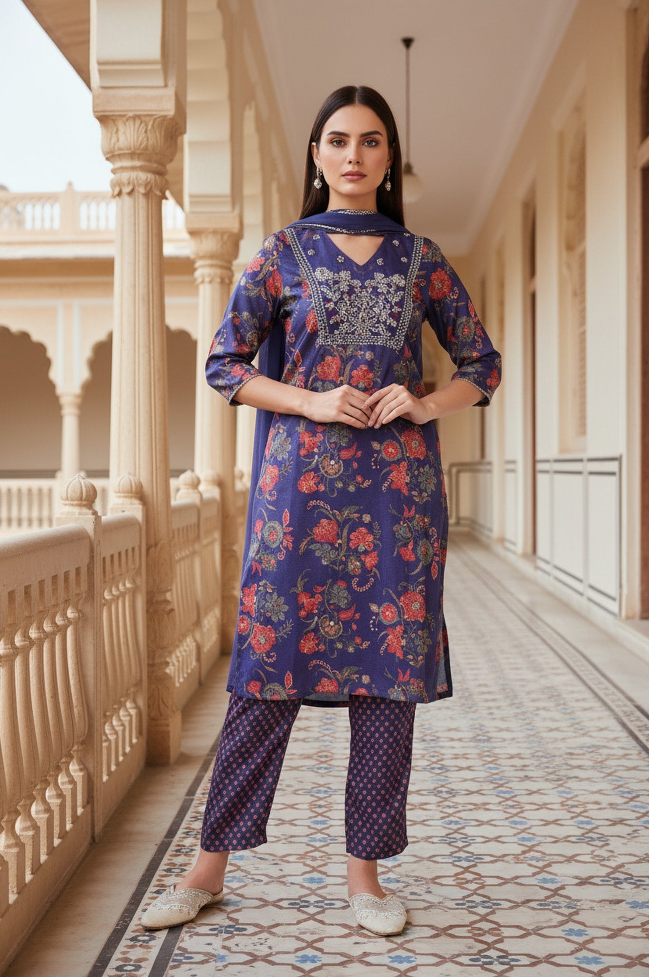 Purple Floral Printed Embroidered Straight Satin Kurta with Straight Pant and Dupatta Set