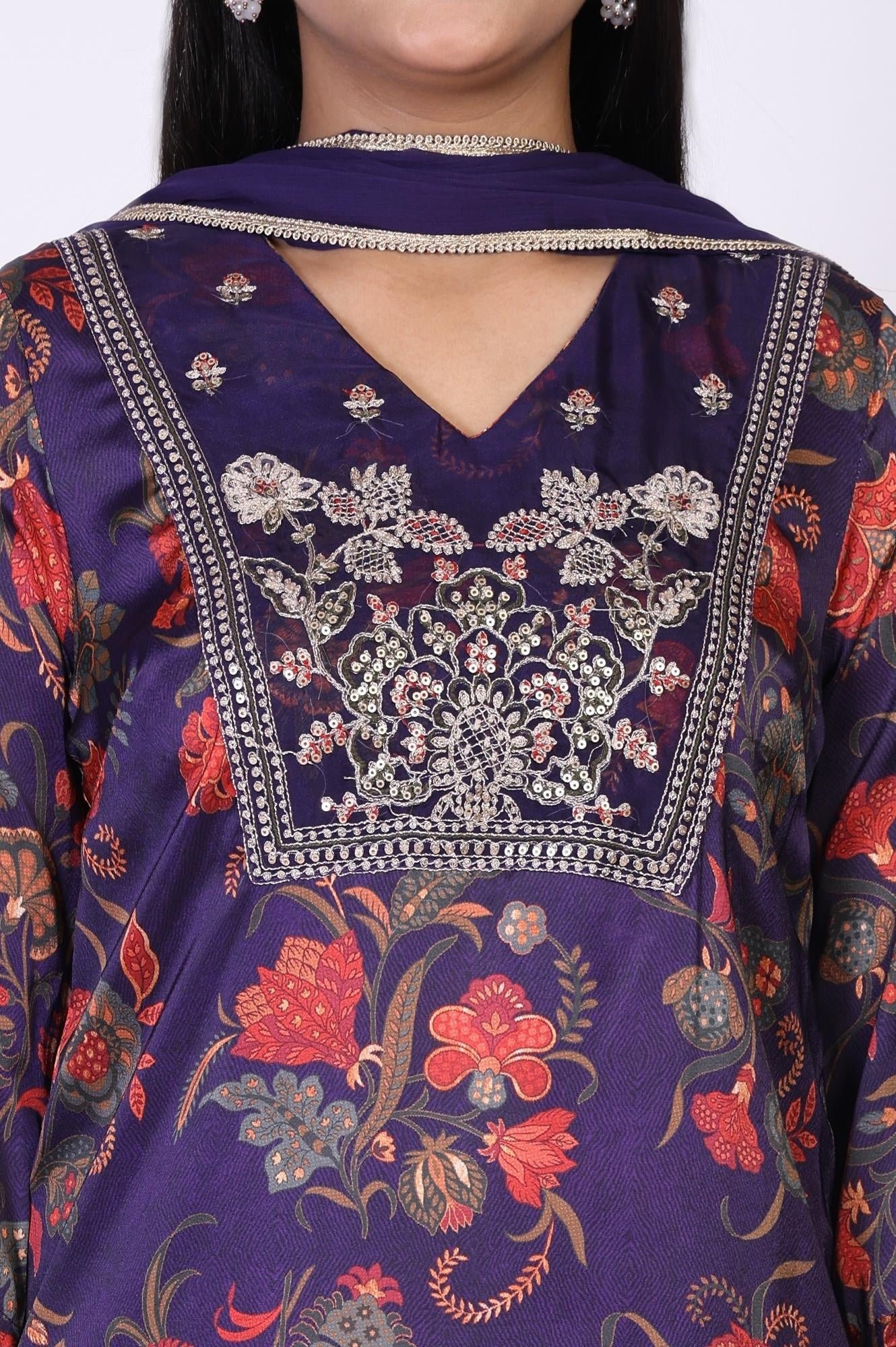 Purple Floral Printed Embroidered Straight Satin Kurta with Straight Pant and Dupatta Set