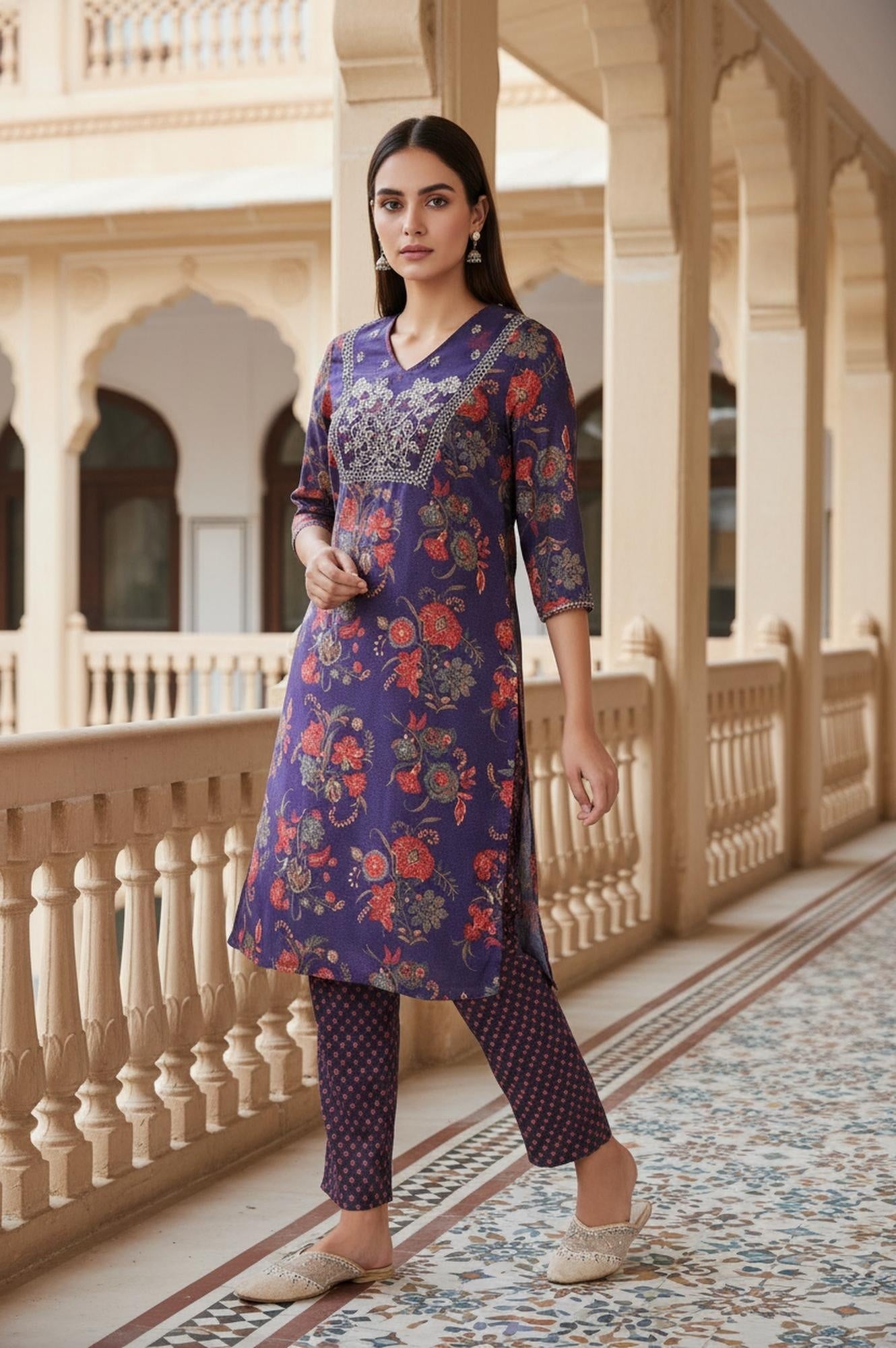 Purple Floral Printed Embroidered Straight Satin Kurta with Straight Pant and Dupatta Set