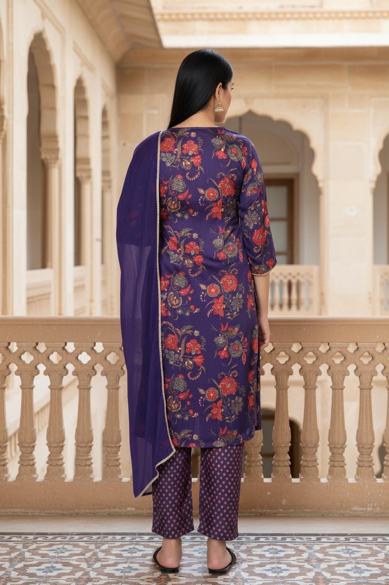Purple Floral Printed Embroidered Straight Satin Kurta with Straight Pant and Dupatta Set