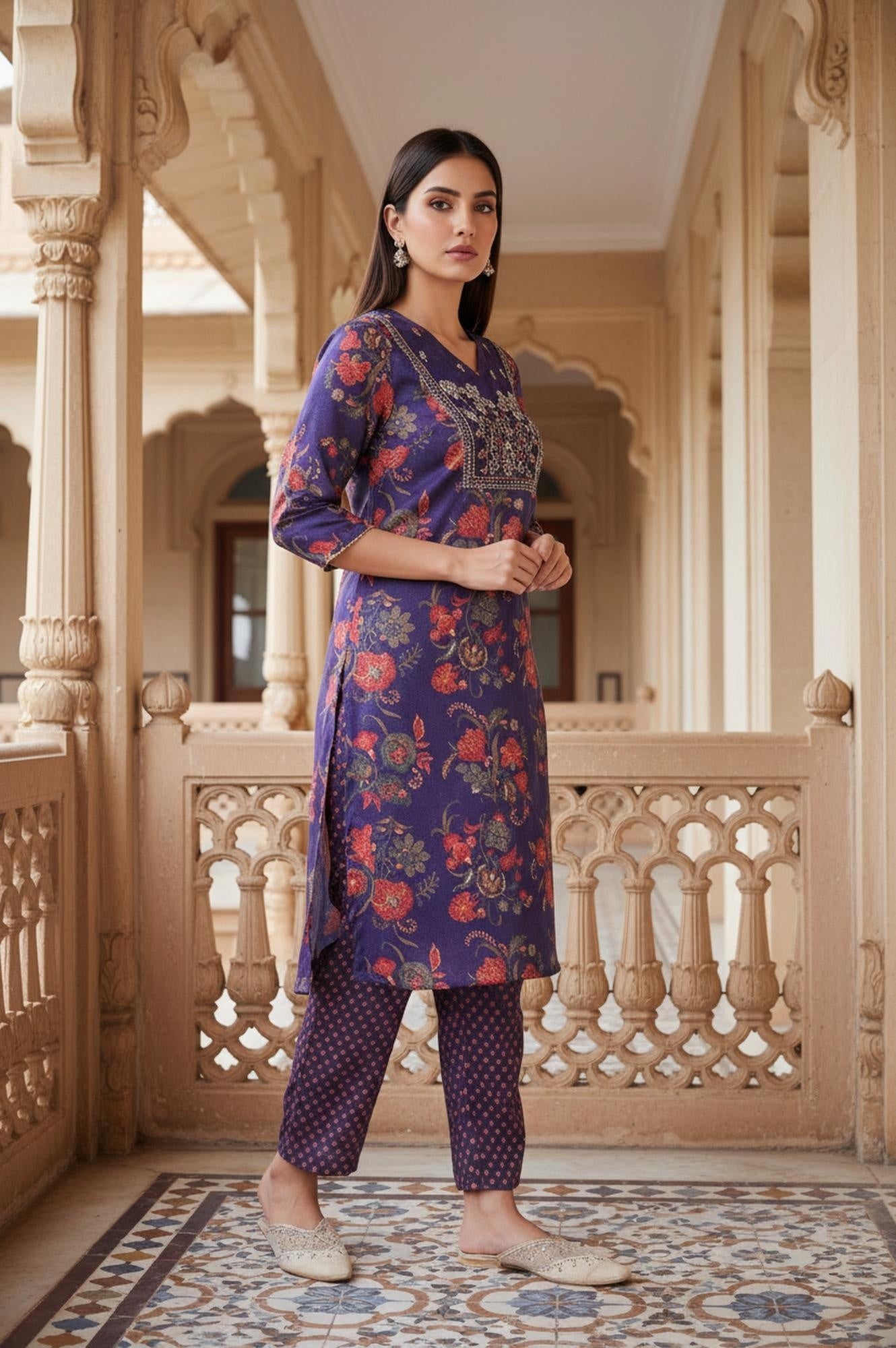 Purple Floral Printed Embroidered Straight Satin Kurta with Straight Pant and Dupatta Set