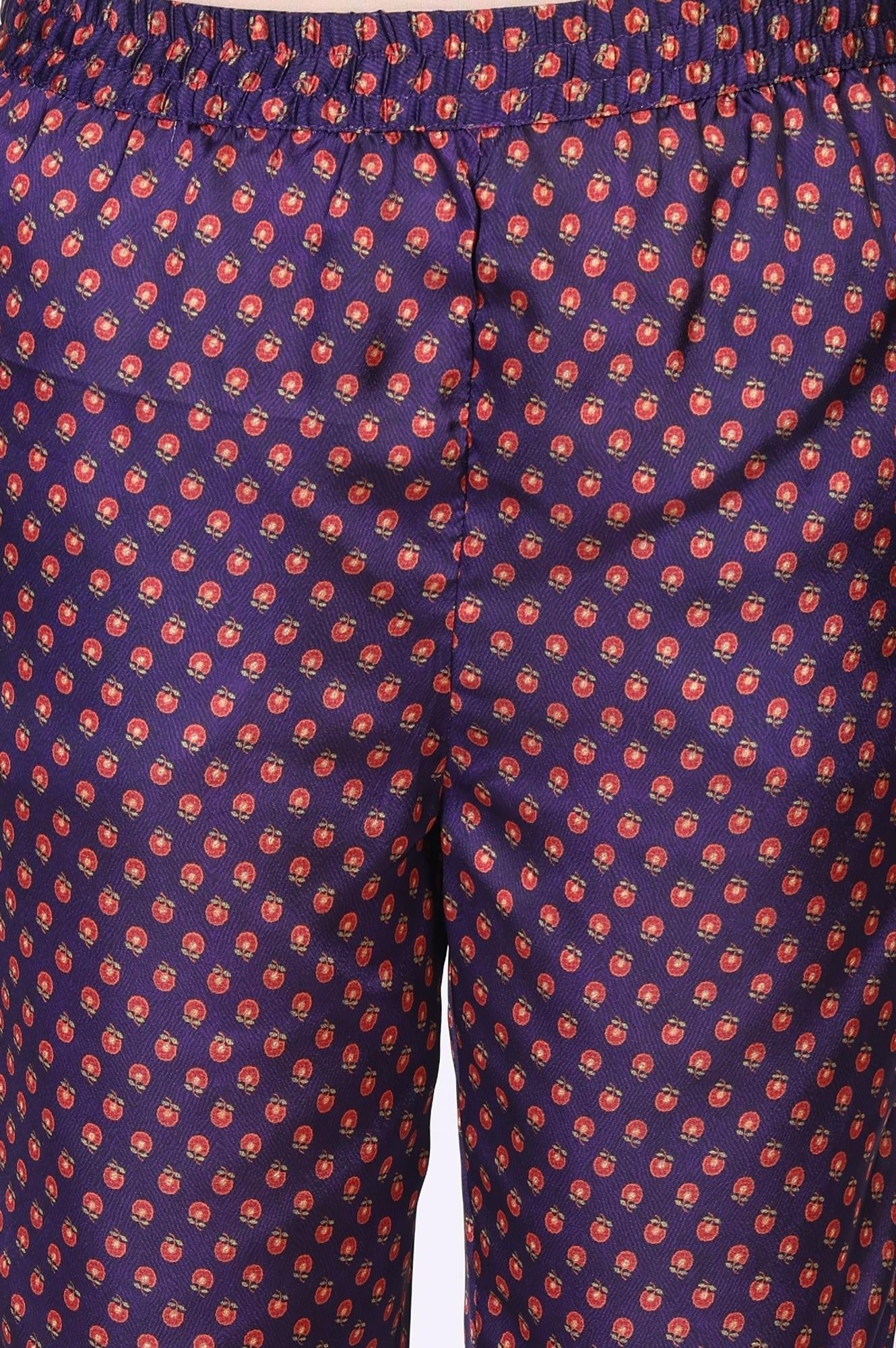 Purple Floral Printed Embroidered Straight Satin Kurta with Straight Pant and Dupatta Set