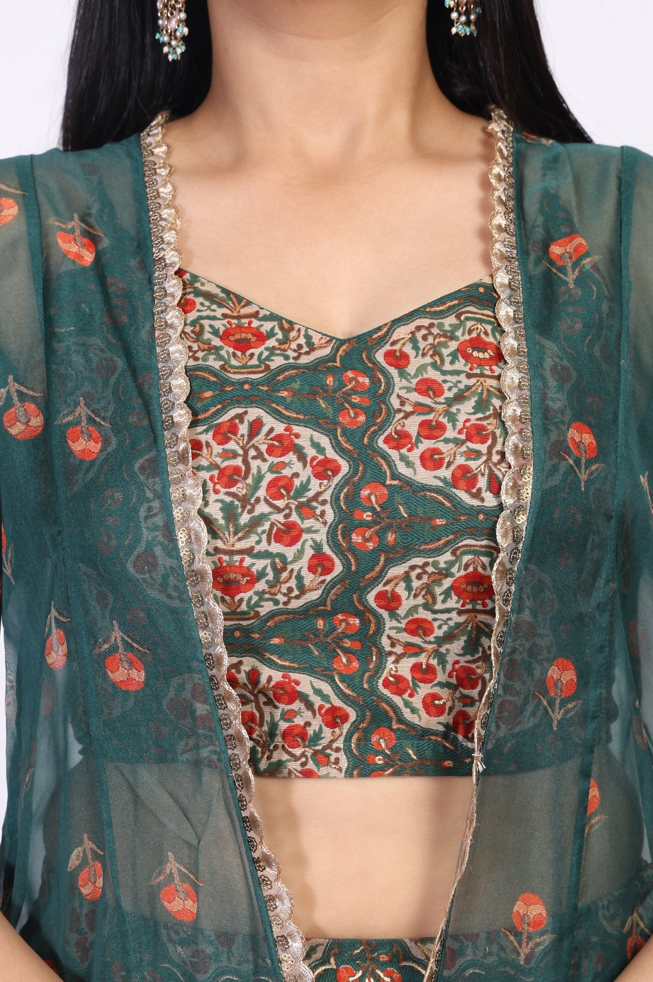 Green Floral Printed Lace Trim Organza Top with Skirt and Gillet Set