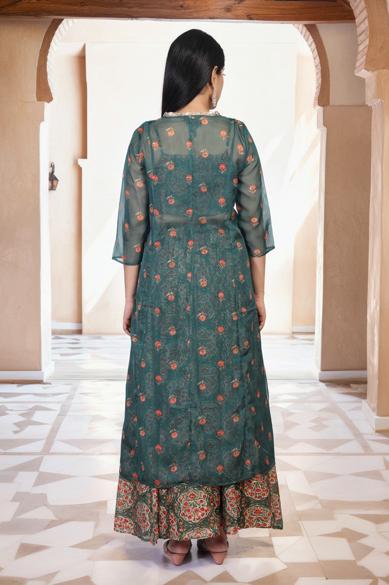 Green Floral Printed Lace Trim Organza Top with Skirt and Gillet Set