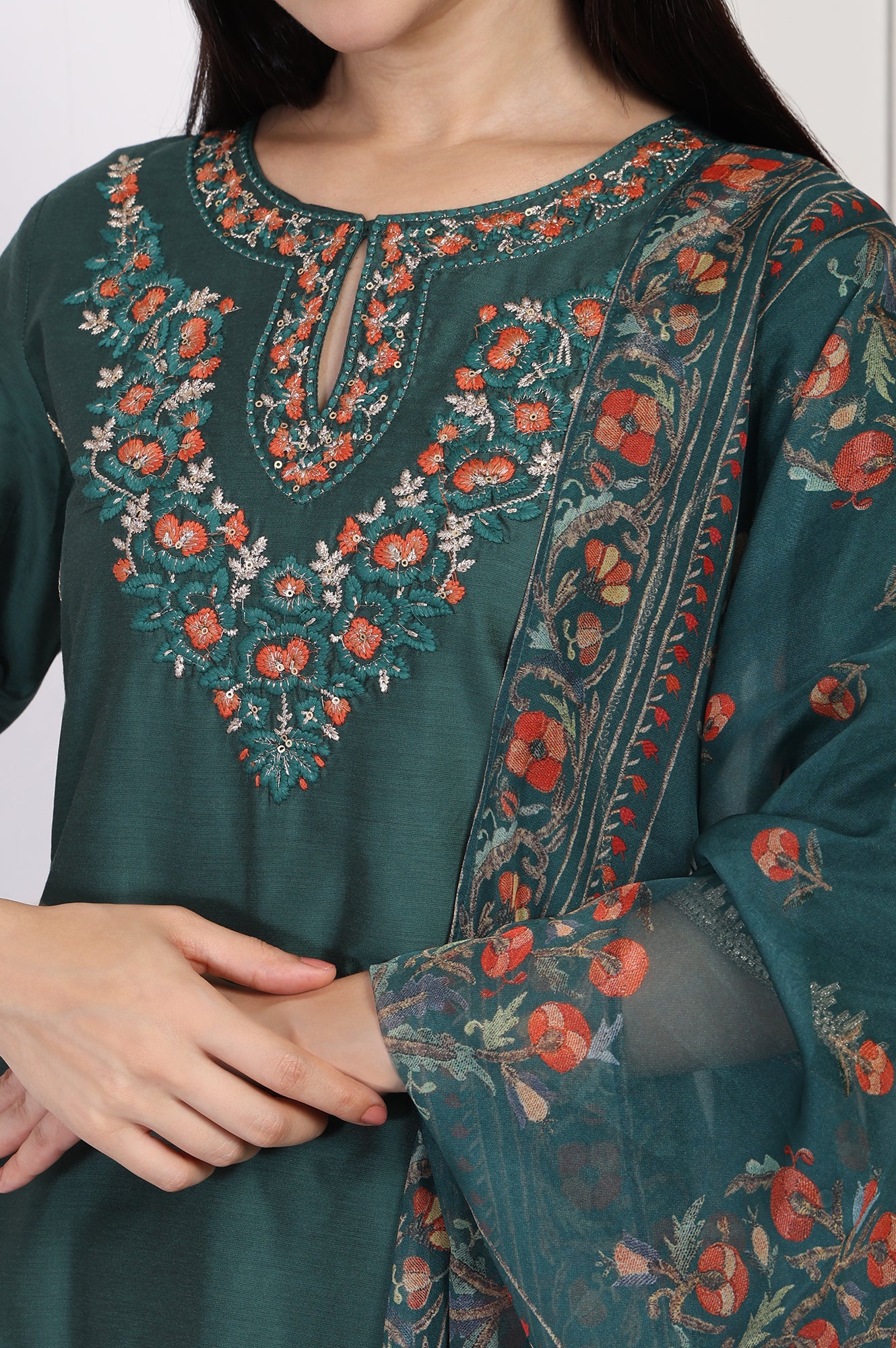 Green Embroidered A-Line Silk Kurta with Straight Pant and Dupatta Set