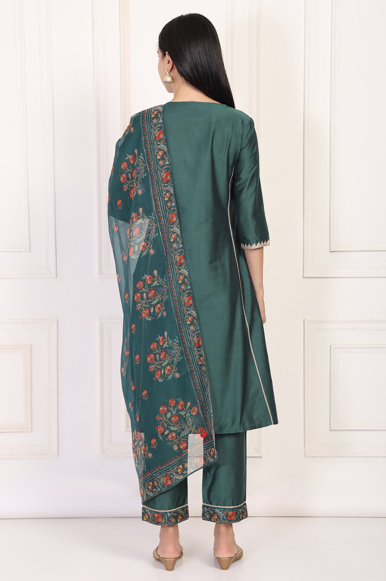 Green Embroidered A-Line Silk Kurta with Straight Pant and Dupatta Set