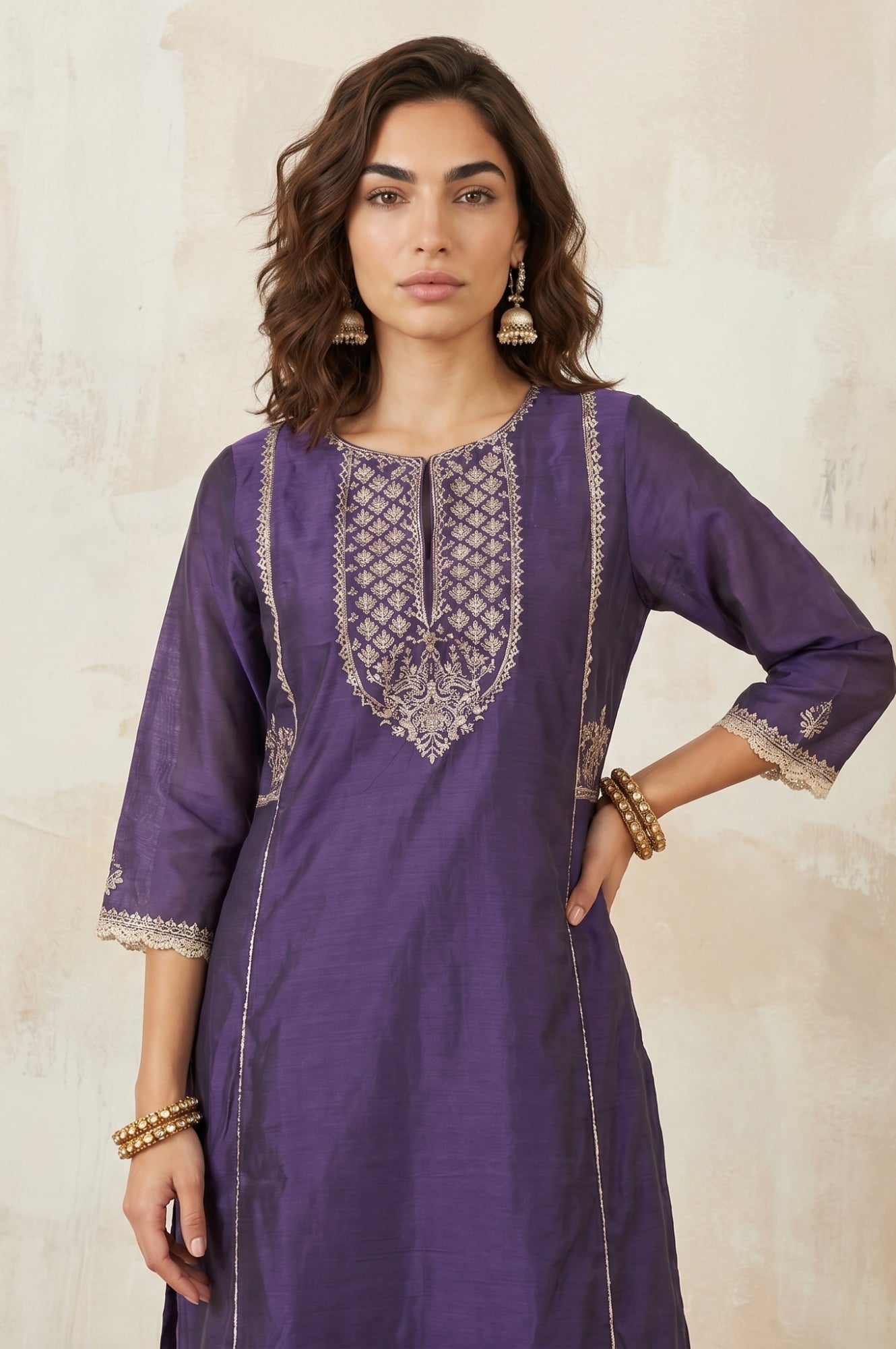 Purple Sequins Chanderi Straight Kurta