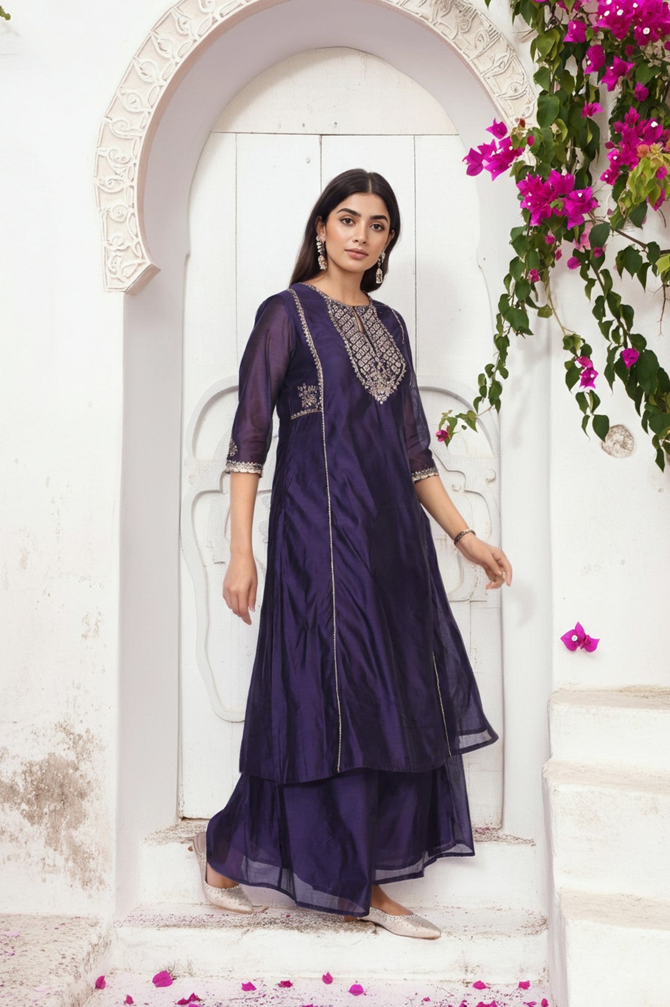 Purple Embroidered A-Line Chanderi Kurta with Flared Pant and Dupatta Set
