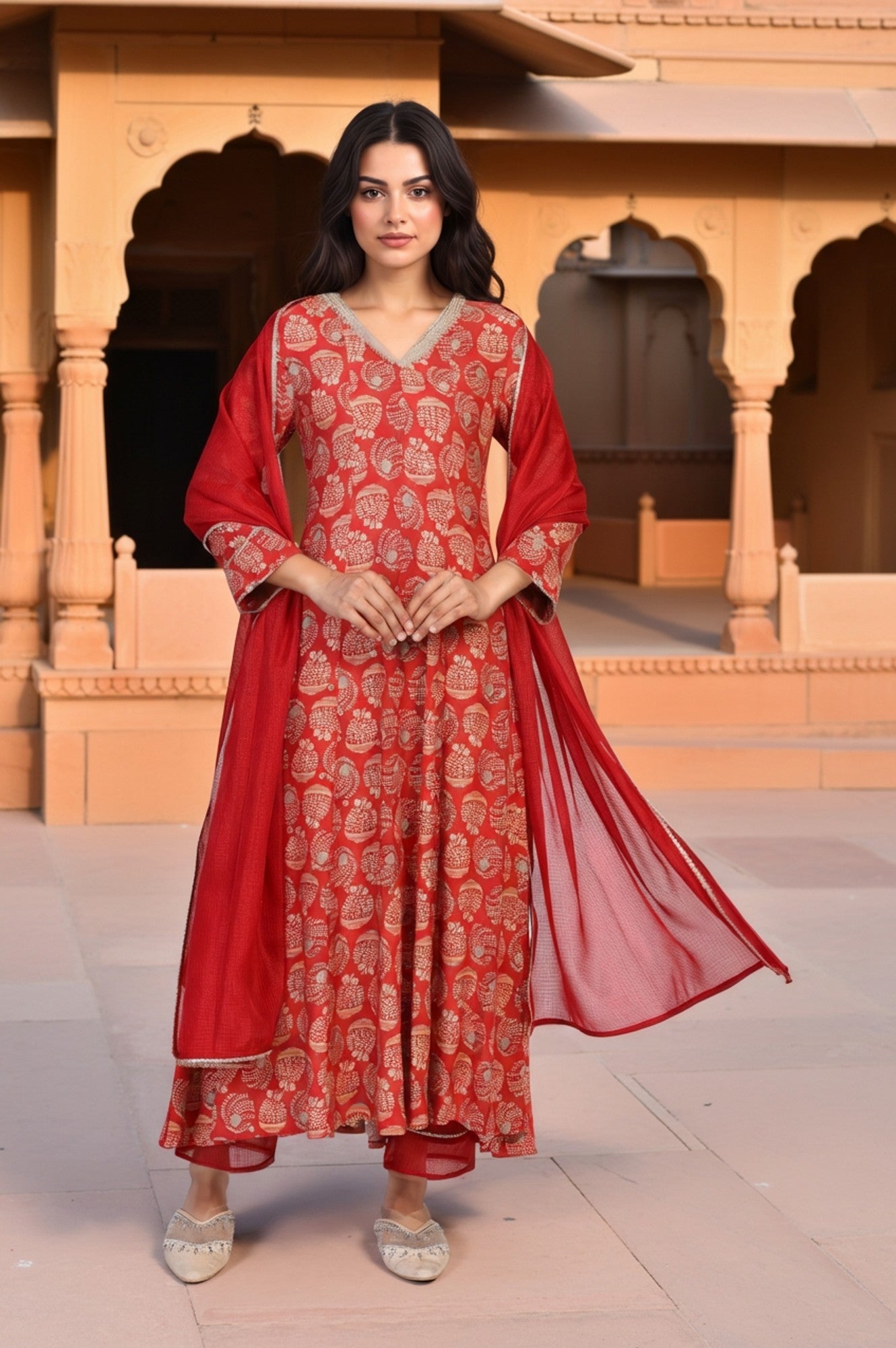 Red Floral Print Lace Detailing Flared Rayon Kurta with Pant and Dupatta Set