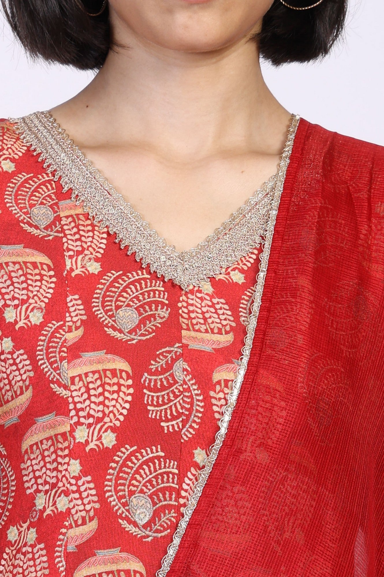 Red Floral Print Lace Detailing Flared Rayon Kurta with Pant and Dupatta Set