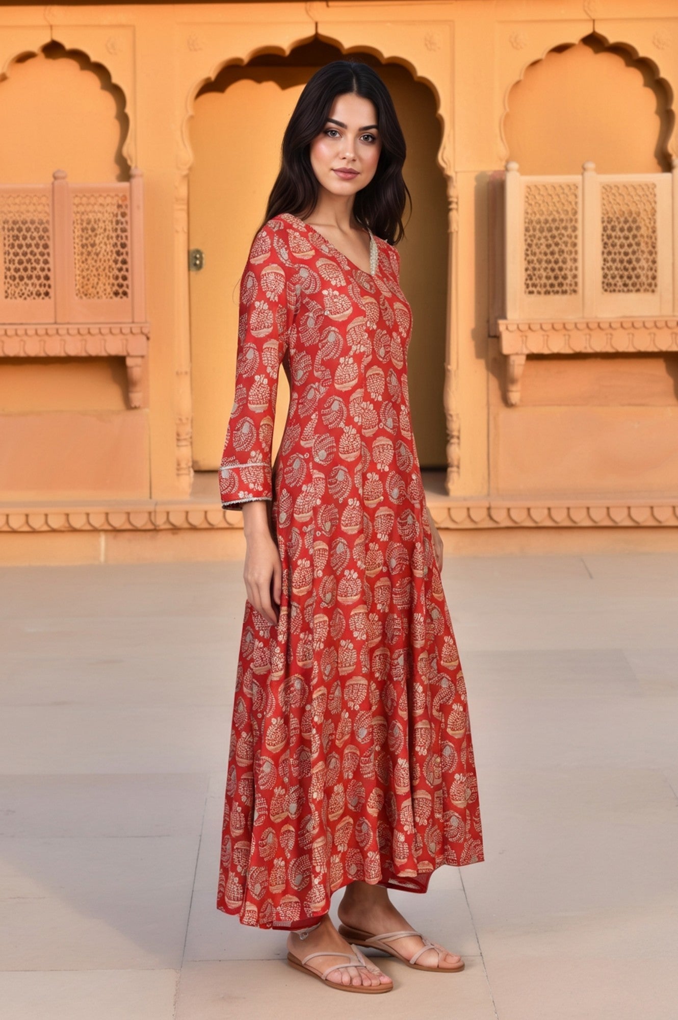 Red Floral Print Lace Detailing Flared Rayon Kurta with Pant and Dupatta Set