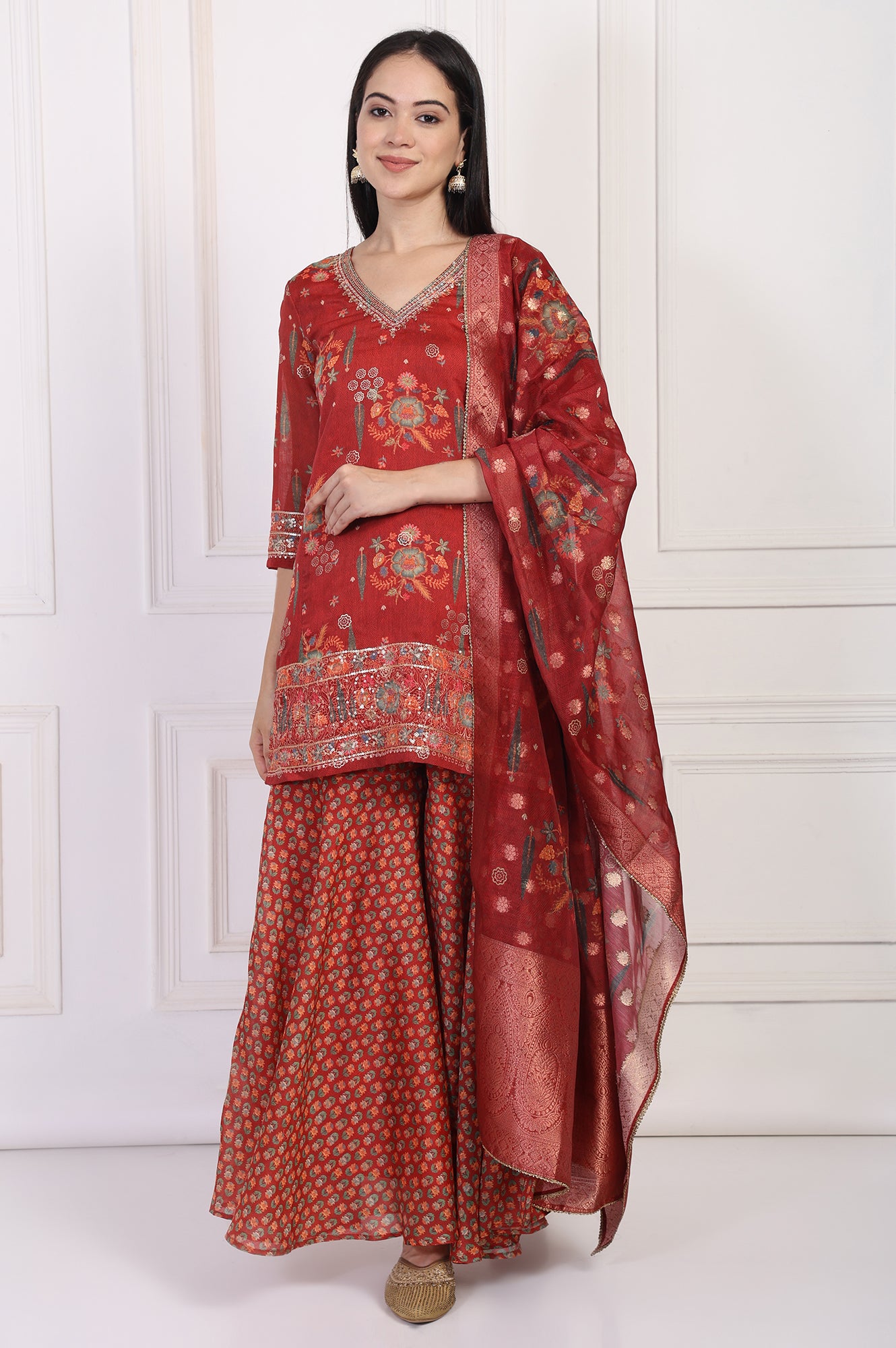 Red Embroidered Straight Jacquard Kurta with Sharara and Dupatta Set