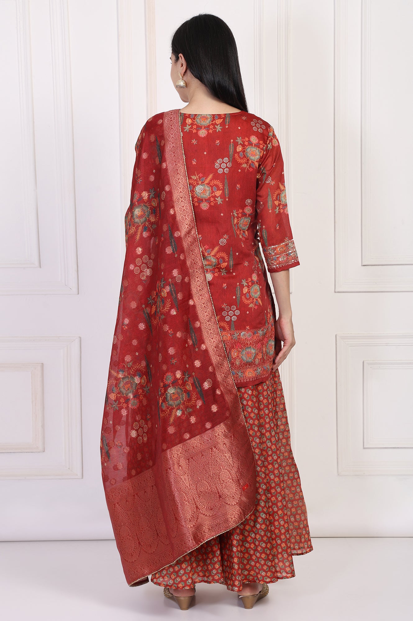 Red Embroidered Straight Jacquard Kurta with Sharara and Dupatta Set