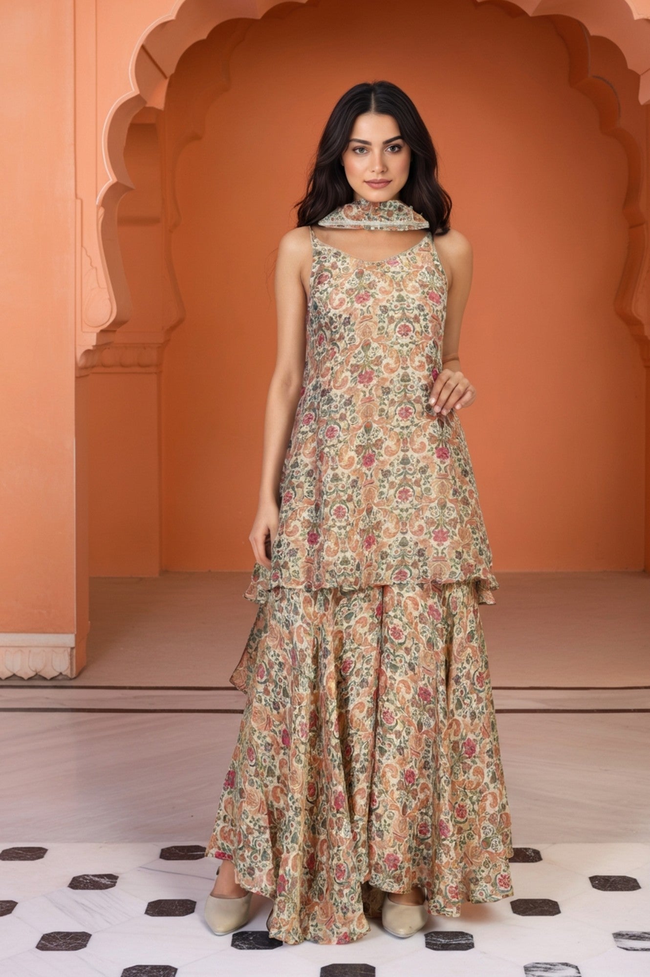 White Floral Print Tape Flared Tissue Kurta with Sharara and Dupatta Set