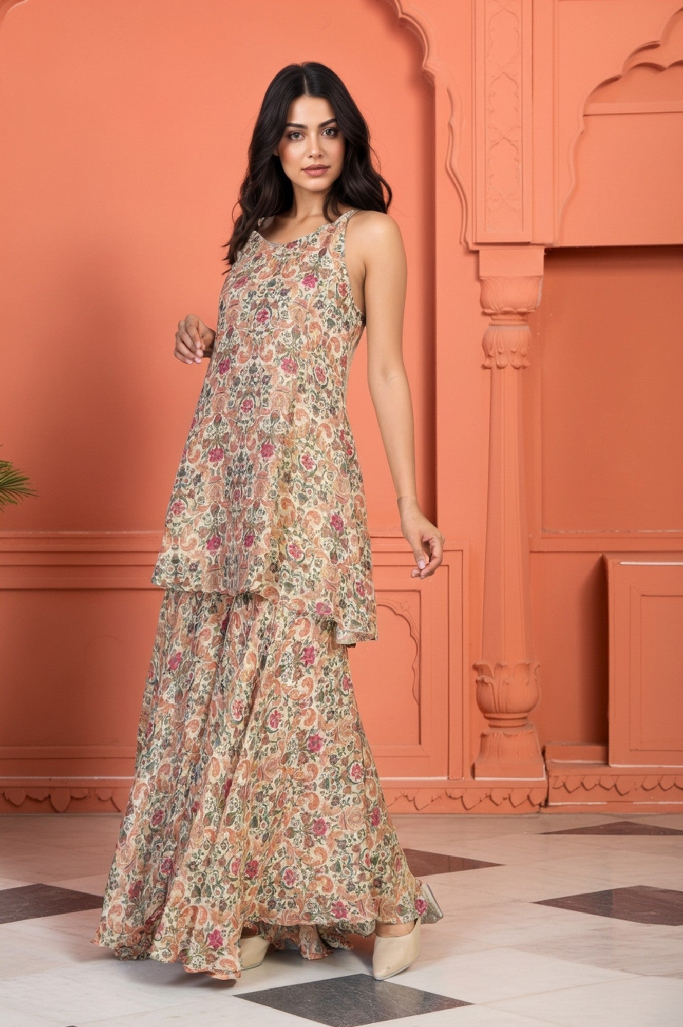 White Floral Print Tape Flared Tissue Kurta with Sharara and Dupatta Set