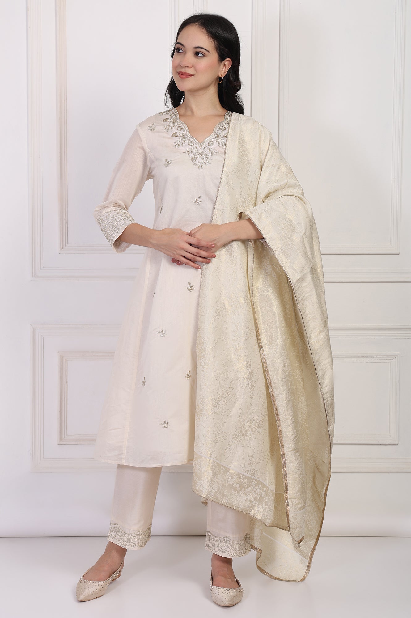 Off-White Embroidered A-Line Kurta with Straight Pant and Dupatta Set